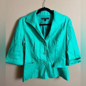 Lafayette 148 New York Size 6 Linen Kelly Green 3/4 Sleeve Blazer Jacket